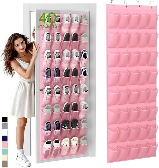 Unjumbly Over the Door Shoe Organizer with 40 Large Breathable Mesh Pockets, Space Saving Shoe Holder, Hanging Shoe Rack for Entryway Bedroom Closet Storage (Pink, 40 Pockets)-NeatNest