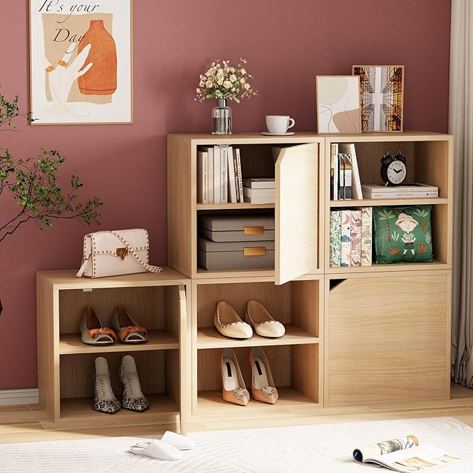 Garden 4 you Cube Storage Organizer Shelf, 2 Tiers Stackable Bookshelf, Wooden Display Bookcase with 2 Cube Storage, Small Storage Cabinet for Living Room Bedroom, Natural-NeatNest
