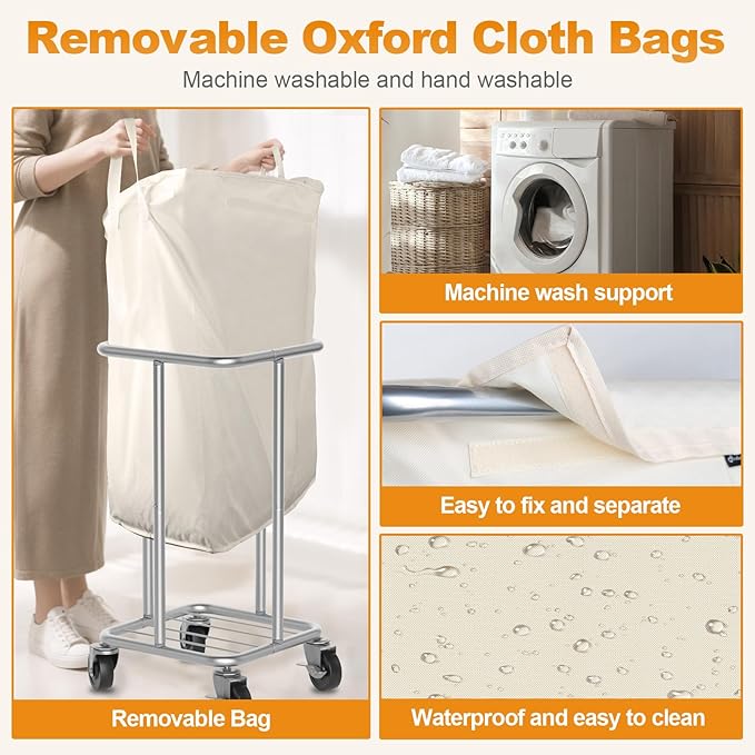 Laundry Basket with Wheels, 115L Rolling Laundry Hamper Large Dirty Clothes Hamper Cart with Steel Frame and Removable Bag, Bedroom Bathroom Dorm Room Laundry Room Organization Hampers, Beige