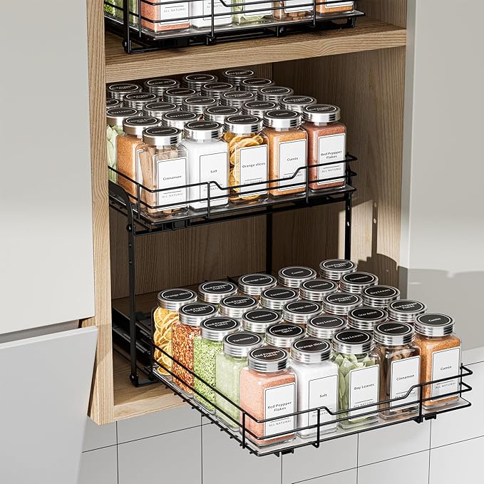 2-Tier Spice Rack Organizer, Pull Out Spice Rack for Cabinet, Height Adjustable Heavy Duty Metal Basket for Inside Cabinet & Pantry (11.5''Wx10.5''Dx9.5''H)-NeatNest