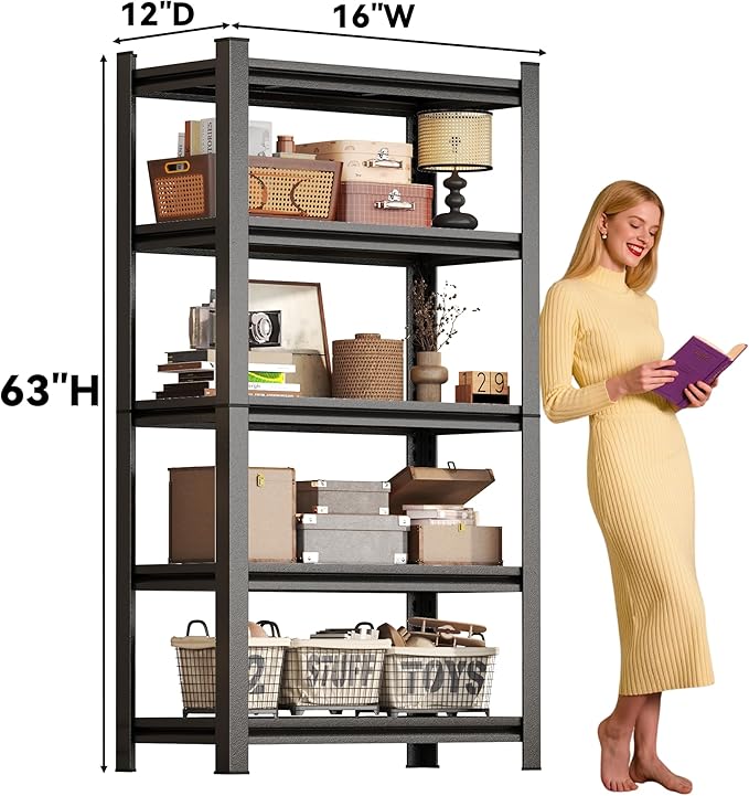 5 Tier Adjustable Metal Bookshelf for Tight Spaces - Ideal for Bedroom, Living Room, Kitchen, Balcony Organizing