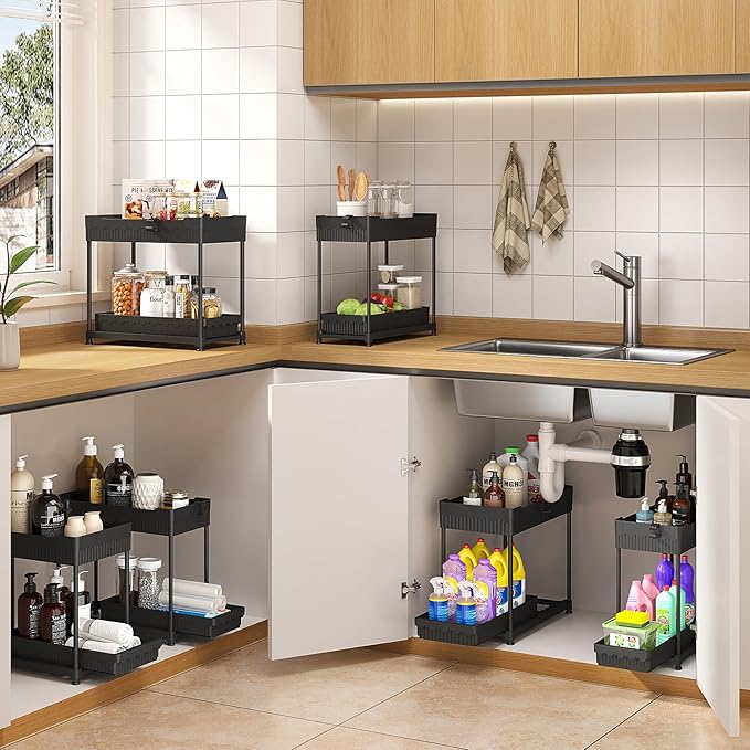 4 Pack Under Sink Organizer, Bathroom Organizers and Storage, 2 Tier Multi-Use Pull Out Cabinet Organizer with Hang Hooks and Cups (Black, 4 Pack)-NeatNest