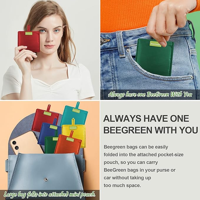 BeeGreen Foldable Travel Bag Reusable Shopping Bags for Groceries - 6 Pack Large Collapsible Bags - Lightweight Machine Washable Tote Bags - Colorful Kitchen Grocery Bags (Red, Orange, Green)-NeatNest