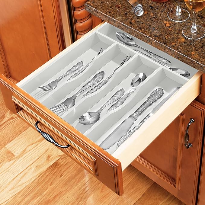 Greenual White Silverware Organizer 10 In Utensil Organizer Silverware Tray for Drawer Cutlery Flatware Organizer for Kitchen Bamboo Wood-NeatNest