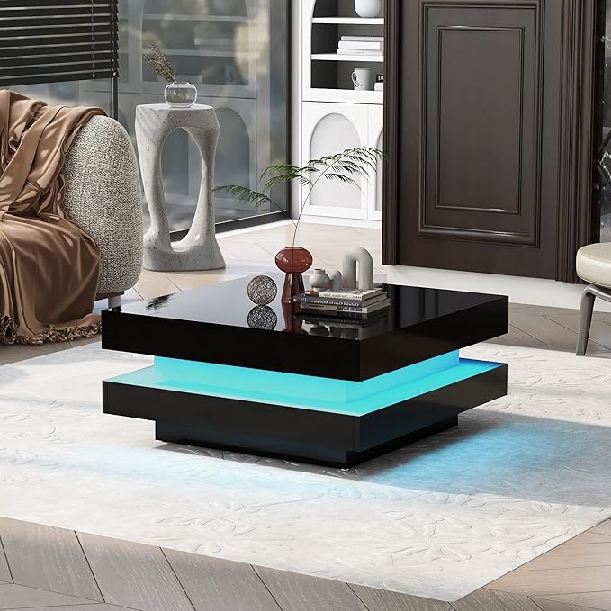 High Gloss 2-Tier Square Coffee Table with LED Lights, Center Table for Living Room, 31.5" x 31.5" x 14.2", Black
