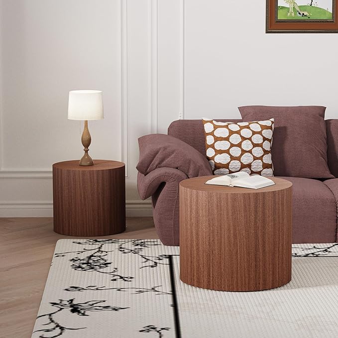 Round Coffee Table Set of 2 Modern Nesting Coffee Tables Wooden Drum Coffee Tables with Non-Slip Feet, Circle Nesting Tables End Table for Living Room Office, No Assembly (Dark Wood 18.11"+14.57")