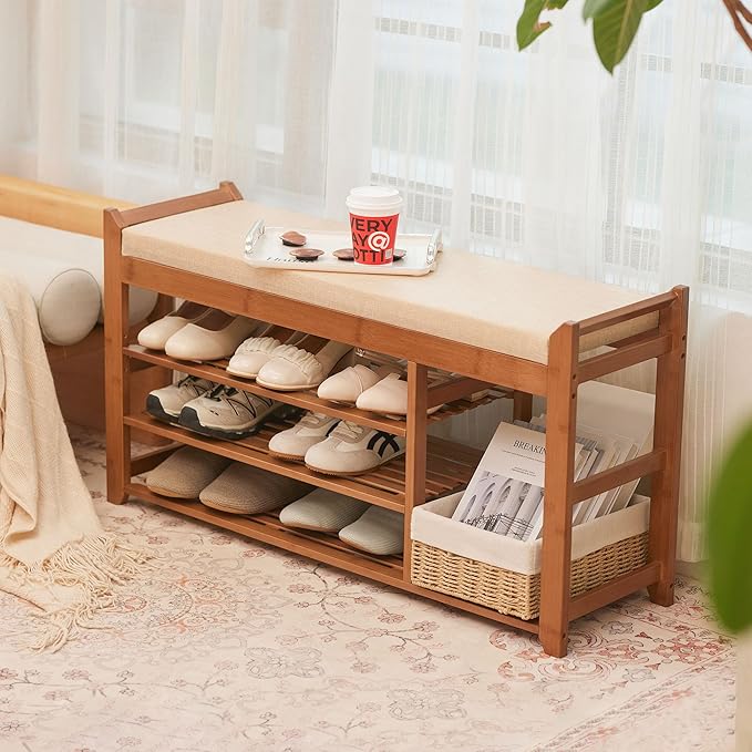 Hall Tree with Bench and Shoe Storage, Coat Rack Shoe Bench Set with Seat Cushion and 6 Hooks for Entryway, Hallway, Living Room and Bedroom-NeatNest