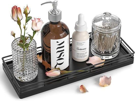 Bathroom Tray for Counter, Oak Wooden 11.2" L Decorative Vanity Tray for Dresser Tops Perfume Jewelry Makeup Candle Soap Sponge Holder for Kitchen Countertop Organizer Coffee Table Decor Bar Black-NeatNest