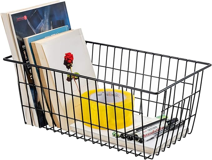 iPEGTOP Wire Storage Freezer Baskets, Set of 6 Large 15.4" Farmhouse Organizer Storage Bins Fridge Basket Rack with Handles for Kitchen Cabinets, Pantry, Office, Bathroom Organization - Black