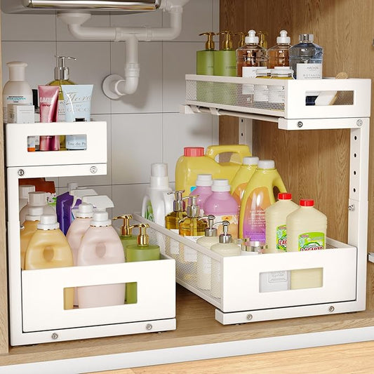 2 Pack 17IN Depth Under Sink Storage Organizer, Large 2-Tier Elegant Mesh Pull Out Shelf for Kitchen and Bathroom Cabinet Organization, L-Shaped and Adjustable Height Design-White-NeatNest
