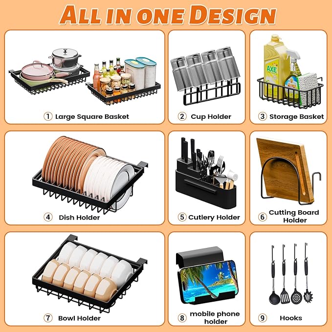 Over The Sink Dish Drying Rack 27-40L x 12W x 32.5-37H (inches) (Expandable Height and Length) Snap-On Design 2 Tier Large Dish Rack