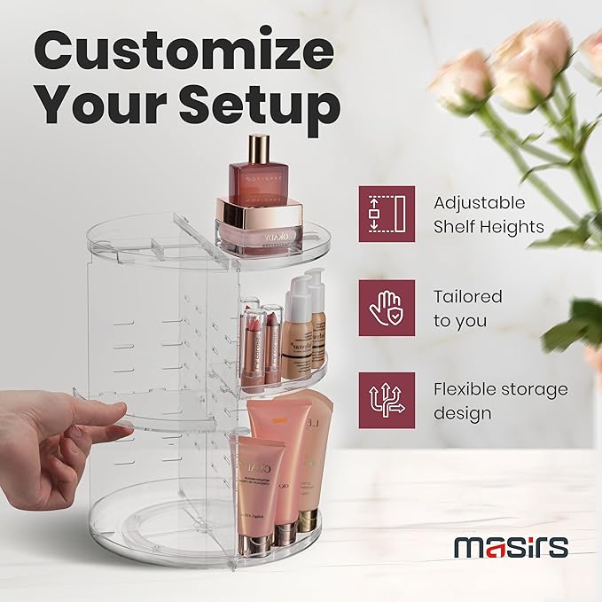 Masirs 360 Rotating Makeup Organizer - Adjustable Shelf Height and Fully Rotatable - The Perfect Round Spinning Cosmetic Organizer for Bedroom Dresser or Vanity Countertop Storage (Clear)-NeatNest