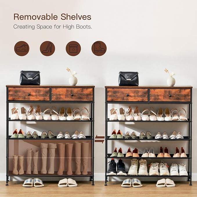 usikey Shoe Rack, 5 Tier Shoe Storage Organizer with 2 Drawers, Metal Shoe Shelf for 16-20 Pairs of Shoes, with 4 Fabric Shelves and Wooden Top, Shoe Stand for Closet Entryway, Rustic Brown-NeatNest