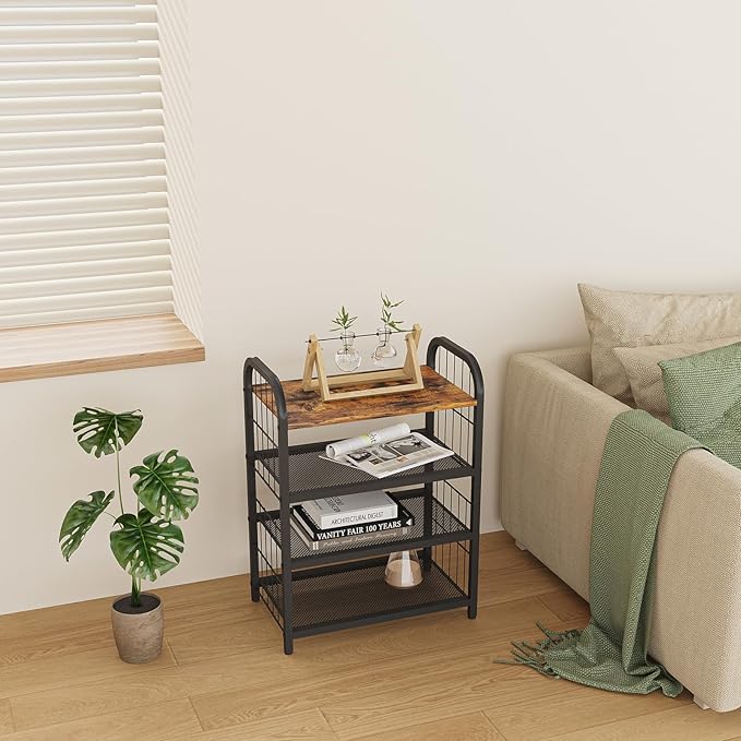 Shoe Rack, 4-Tier Shoe Organizer with Guardrails, Heavy-Duty Metal Mesh Shelves & Rustic Wooden Top for Stylish Closet & Front Door Storage-NeatNest