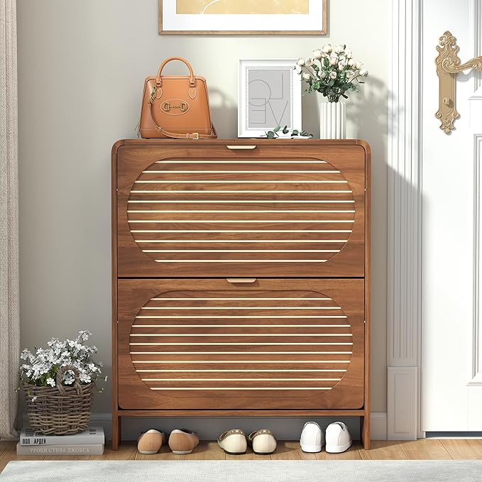 Narrow Shoe Storage Cabinet for Entryway with 2 Flip Drawers, Curved Edge Shoe Cabinet with Arched Stripe Panel, Freestanding Wood Shoe Organizer Closed Shoe Rack for Hallway, Foyer(Walnut)-NeatNest