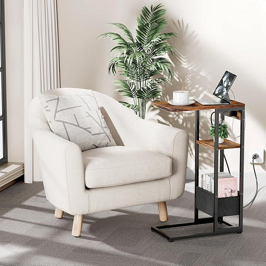 C Shaped End Table with Charging Station, Small Side Table for Couch Recliner, Slide Under Sofa Desk Snack Tables with Storage Bag & AC / USB Outlet, Small Spaces Drink Tables for Living Room, Bedroom-NeatNest