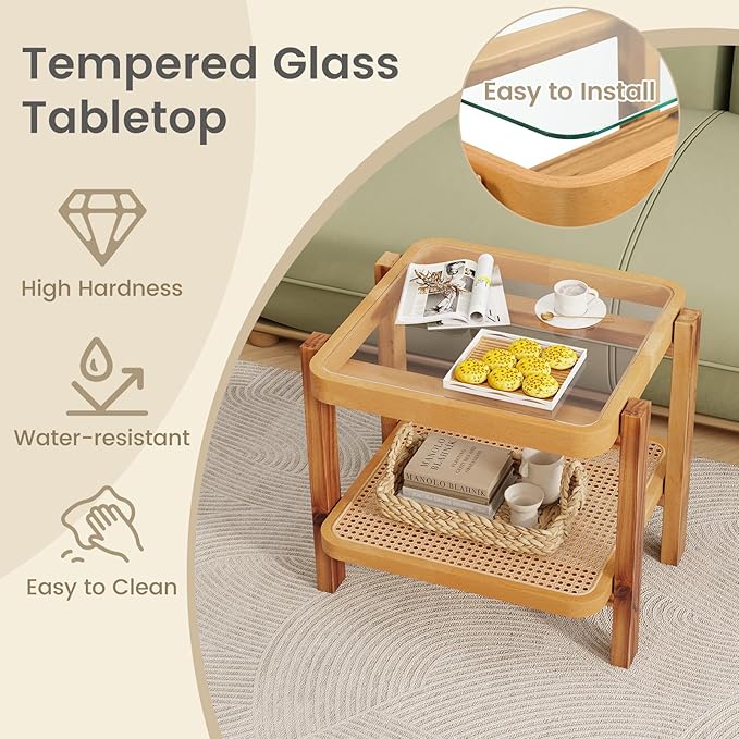 Giantex Rattan Side Tables Set of 2, Boho End Tables for Living Room, Narrow Bedside Tables with Tempered Glass Top, Wood Accent Tables with Storage Shelf, 2-Tier Nightstands for Bedroom Small Spaces