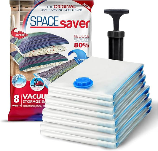 Spacesaver Vacuum Storage Bags with Hand Pump - Vacuum Seal Bags for Clothing, Comforters, Blankets - Reusable Compression Bags for Travel, Moving, Organization - 2S, 2M, 2L, 2XL Sizes - Pack of 8-NeatNest