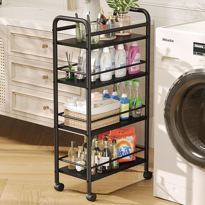 Slim Storage Cart, 4 Tier Small Rolling Bathroom cart Metal and Wood Skinny Utility Cart on Wheels for Narrow Kitchen Laundry Room Black