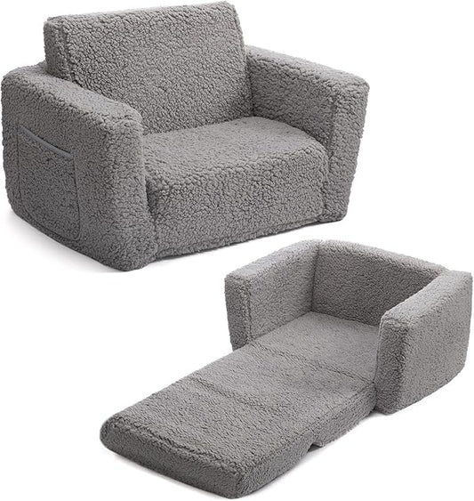 ALIMORDEN 2-in-1 Flip Out Cuddly Sherpa Toddler Couch, Convertible Sofa to Lounger, Grey-NeatNest