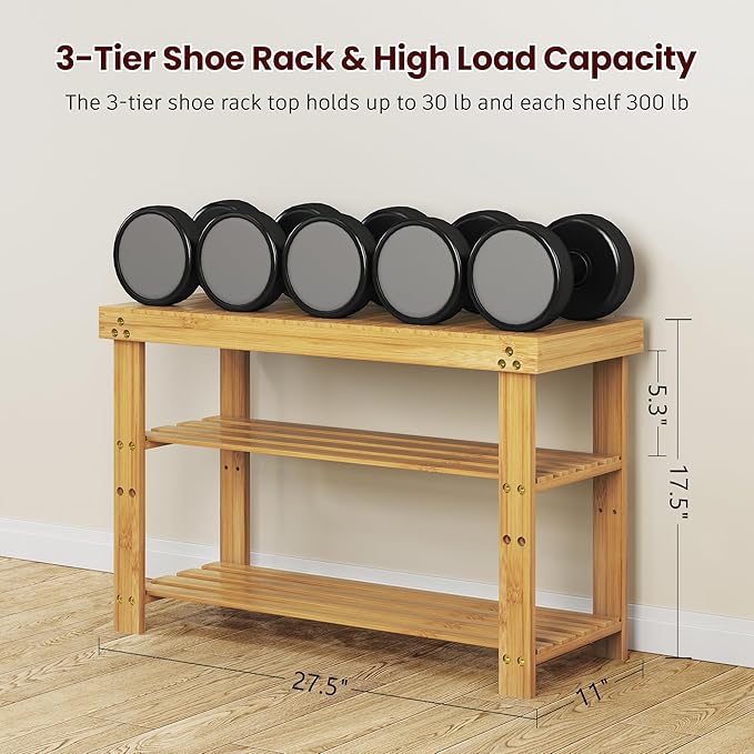 ROOMTEC Bamboo Shoe Bench, 3-Tier Shoe Rack, Entryway Bench with Cushion and Adjustable Shelves, Shoe Rack for Entryway, Hallway, Mudroom and Living Room, Bamboo