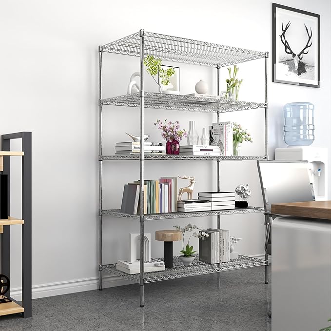 5-Tier Metal Storage Shelving Unit, Adjustable Storage Rack Display Shelves, Industrial Steel Wire Shelf on Wheels, Commercial and Home Use, 48”W x 24”D x 72”H, 1500 LBS Capacity-NeatNest