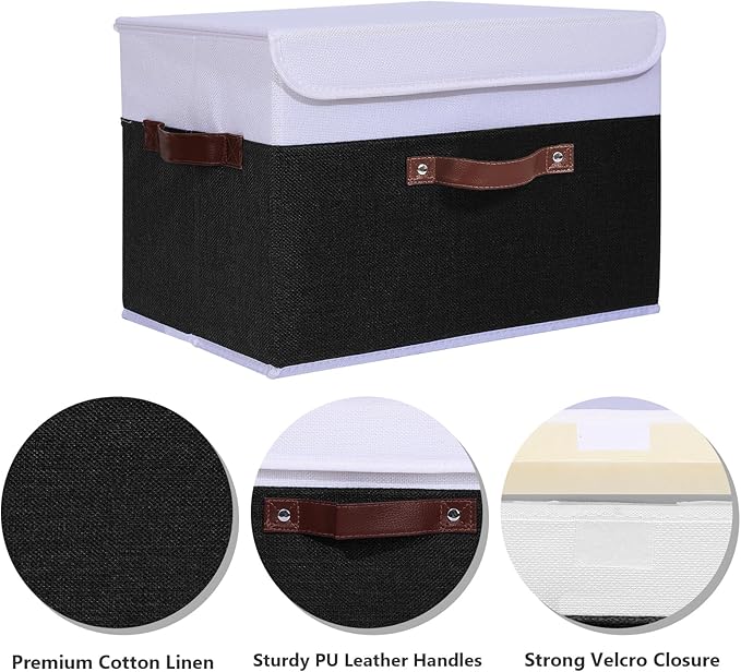 ANMINY 4PCS Storage Boxes with Lid Washable Decorative Storage Bins Basket with PU Leather Handle Foldable Linen Fabric Storage Cubes Containers for Home Closet Organizer - Black White, Large Size-NeatNest