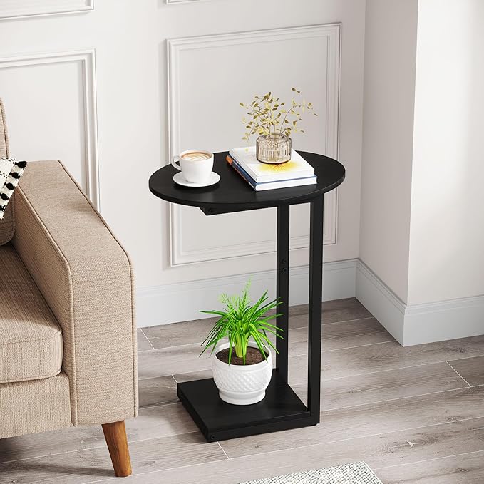 Hosfais Small Side Table End Table, C-Shaped Wood Coffee Table TV Tray for Eating Couch Tables for Small Space, Living Room, Bedroom, Couch, Small Spaces (Black 2 Pack)