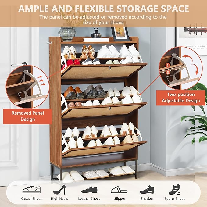 LEVNARY Shoe Storage Cabinet with 3 Flip Drawers, Freestanding Shoe Cabinet Storage Organizer for Entryway, Wooden Narrow Shoe Racks Cabinet with Metal Legs for Hallway (Walnut)-NeatNest