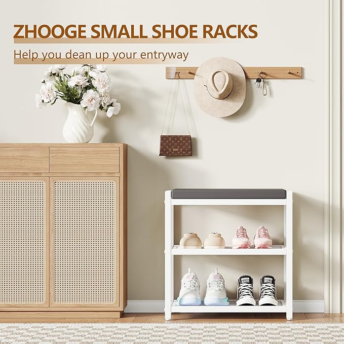 Small Shoe Bench Shoe Rack Storage Bench Entryway Bench Shoe Shelf with Seat Cushion, Stable Shoe Organizer for Entryway, Living Room, Bench Seat Holds Up to 300 lb, (18"L x 12"W x 17"H, White)-NeatNest