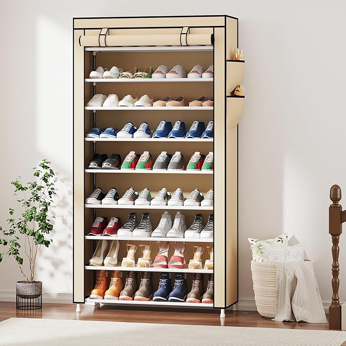 Laiensia 9-Tier Shoe Rack ，Space Saving Shoe Storage Organizer Non-Woven Cover Shoe Shelf Holds 36-45 Pairs for Bedroom, Hallway, Entryway, Beige-NeatNest