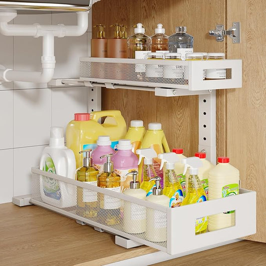 1 Pack 19IN Depth Under Sink Storage Organizer, Large 2-Tier Elegant Mesh Pull Out Shelf for Kitchen and Bathroom Cabinet Organization, L-Shaped and Adjustable Height Design-White-NeatNest