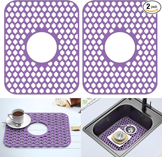 2 Pack BEHOK Silicone Sink Protectors for Kitchen Sink, Bathroom Sink, 13.58"x 11.6" Heat-resistant Mat, Non-Slip and Durable Sink Protector Silicone, Center Drain, Purple