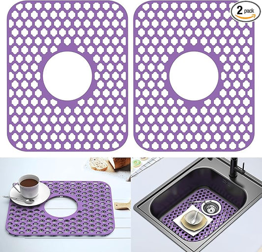 2 Pack BEHOK Silicone Sink Protectors for Kitchen Sink, Bathroom Sink, 13.58"x 11.6" Heat-resistant Mat, Non-Slip and Durable Sink Protector Silicone, Center Drain, Purple