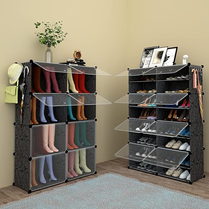 Shoe Rack Organizer, 32 Pair Shoe Storage Cabinet with Door Expandable Plastic Shoe Shelves for Closet,Heels,Boots,Slippers,8 Tier-NeatNest