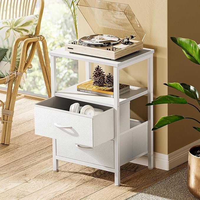 Huuger Night Stand Set of 2, Nightstand with 2 Drawers, Bed Side Table with Open Shelf, Wooden Top, End Table, PU Leather Fabric Drawer Surface, for Bedroom, White