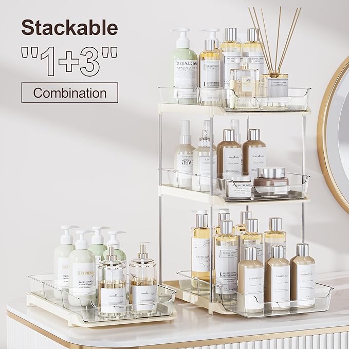 Delamu 2 Sets of 2-Tier Multi-Purpose Bathroom Cabinet Under Sink Organizers and Storage, Stackable Kitchen Pantry Organization and Storage, Beige-NeatNest