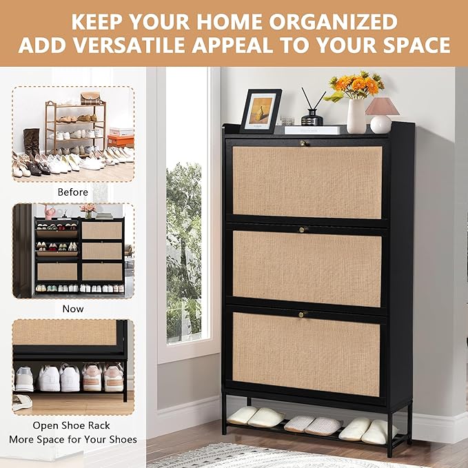 LEVNARY Shoe Storage Cabinet with 3 Flip Drawers, Freestanding Shoe Cabinet Storage Organizer for Entryway, Wooden Narrow Shoe Racks Cabinet with Metal Legs for Hallway (Black)-NeatNest