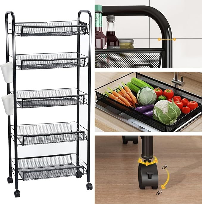 3/4/5 Tier Fruit Vegetable Basket, Stackable Metal Mesh Storage Basket with 360 Degree Wheels, Fruit Vegetable Produce Basket Storage Organizer for Kitchen, Pantry, Bathroom Black 5-Layers