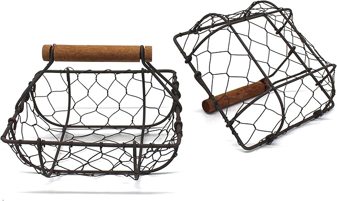CVHOMEDECO. Chicken Wire Egg Baskets Rust Gathering Baskets with Wooden Handle Country Vintage Style Storage Baskets. Set of 2 (Square)