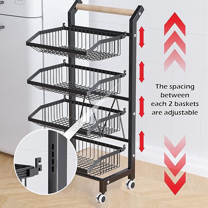 COVAODQ Snack Cart with Wheels 4-Tier Adjustable Fruit Rack Fruit Vegetable Basket Cart Metal Wire Storage Cart Rolling Pantry Utility Kitchen Cart