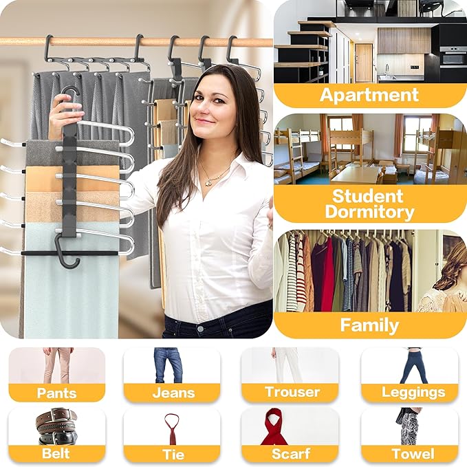 Pants Hangers Space Saving - 2 Pack Closet Organizer and Storage Jean Hangers, Stainless Steel Anti-Slip Clothes Hanger Scarf Holder for Pants Jeans Leggings Trousers Pant Rack, Black-NeatNest