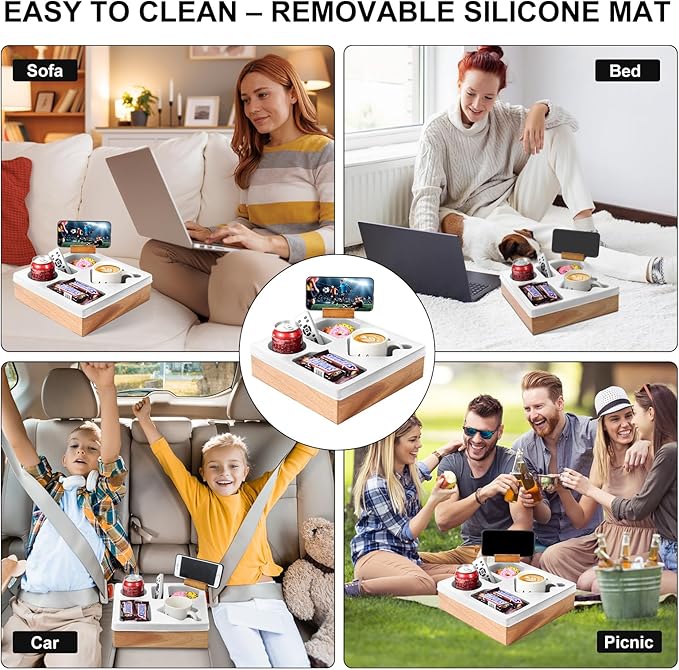 Couch Cup Holder Tray – Spill-Proof Wooden Sofa Arm Organizer with Silicone Insert for Snacks, Drinks, Remote, and Phone, Waterproof Couch Caddy for Bed, Car, RV, Living Room (White)-NeatNest