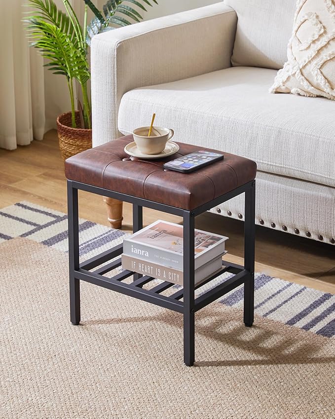 IBUYKE Rectangular Makeup Stool with Adjustable Feet and Storage Space, Footrest Chair, PU Vanity Seat, Multi-Use as Small Side Table or Ottoman, for Bedroom, Dark Brown WBD017Z