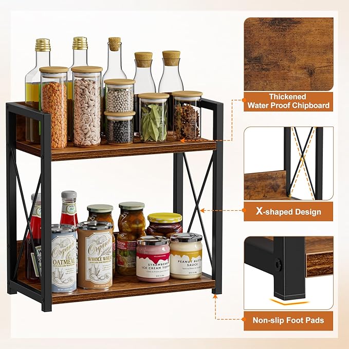 Giikin Kitchen Counter Shelf, Kitchen Countertop Organizer, 2 Tier Spice Rack for Counter, Wood Coffee Bar Organizer for Coffee Station (Brown, L)-NeatNest