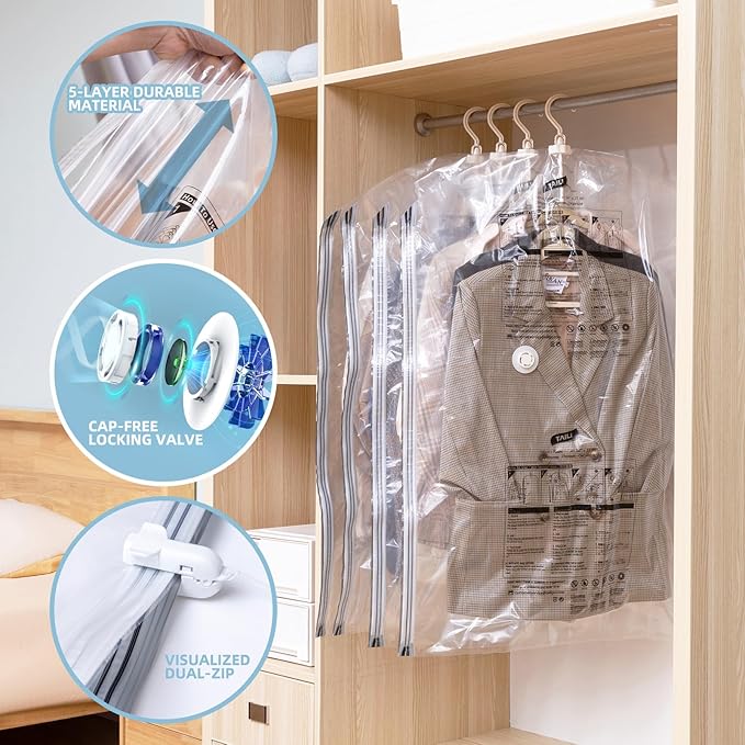 Hanging Vacuum Storage Bags with Electric Pump, 6 Pack (41.3 x27.6 inch), Vacuum Seal Bags for Clothing, Garment Storage for Short Jacket, Suits, Dresses, Closet Organizer Space Saving-NeatNest