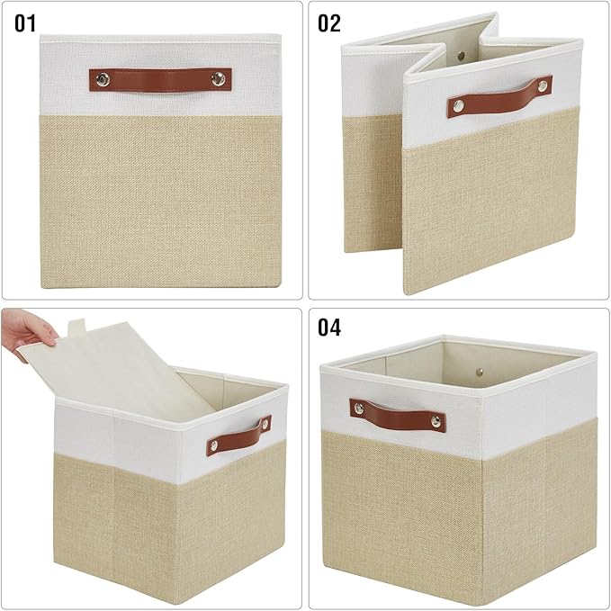 Collapsible Fabric Storage Cube Bins with 2 Reinforced PU Handles, Foldable Storage Organizer Baskets for Closet, Shelves, Living Room | 11"x11"x11", 4 Pack, Beige & White-NeatNest
