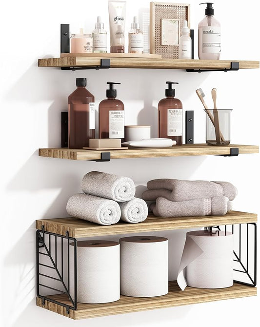 Fixwal 3+1 Tier Bathroom Floating Shelves Over Toilet, 15.8in Farmhouse Rustic Wood Shelves, Wall Decor for Bathroom, Living Room,Bedroom and Kitchen (Rustic Brown)-NeatNest