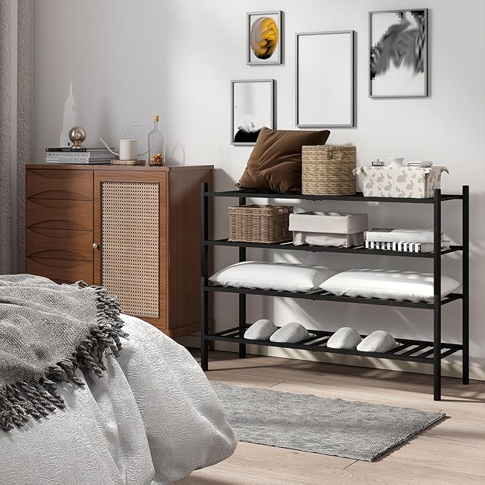 Long Shoe Rack, 4-Tier Bamboo Stackable Shoe Shelf Storage Organizer, Shoe Stand for Closet, Entryway and Hallway(Black)-NeatNest