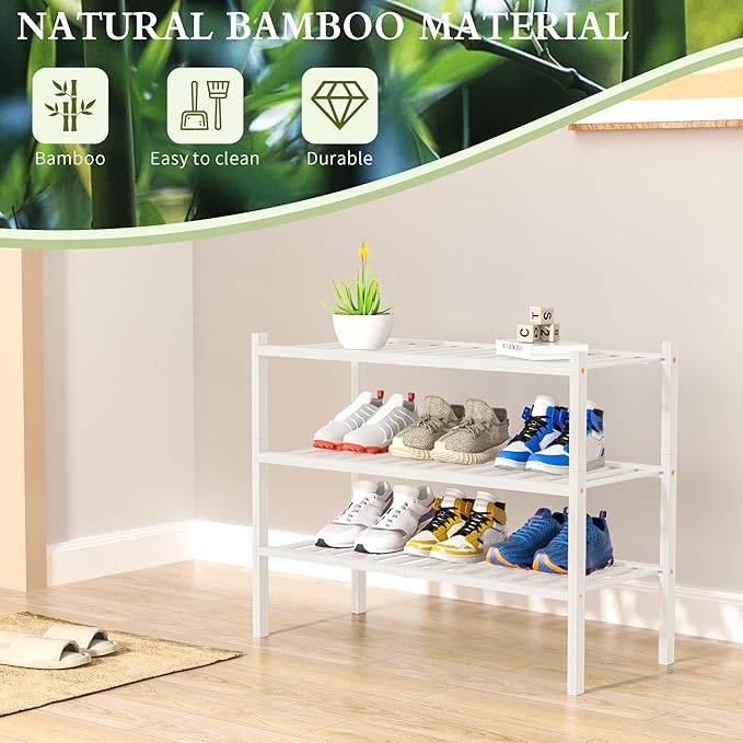 3 Tier Bamboo Shoe Rack for Closet Free Standing Wood Shoe Shelf Storage Organizer for Entryway Small Space Stackable 27"x11"x20" (White)-NeatNest